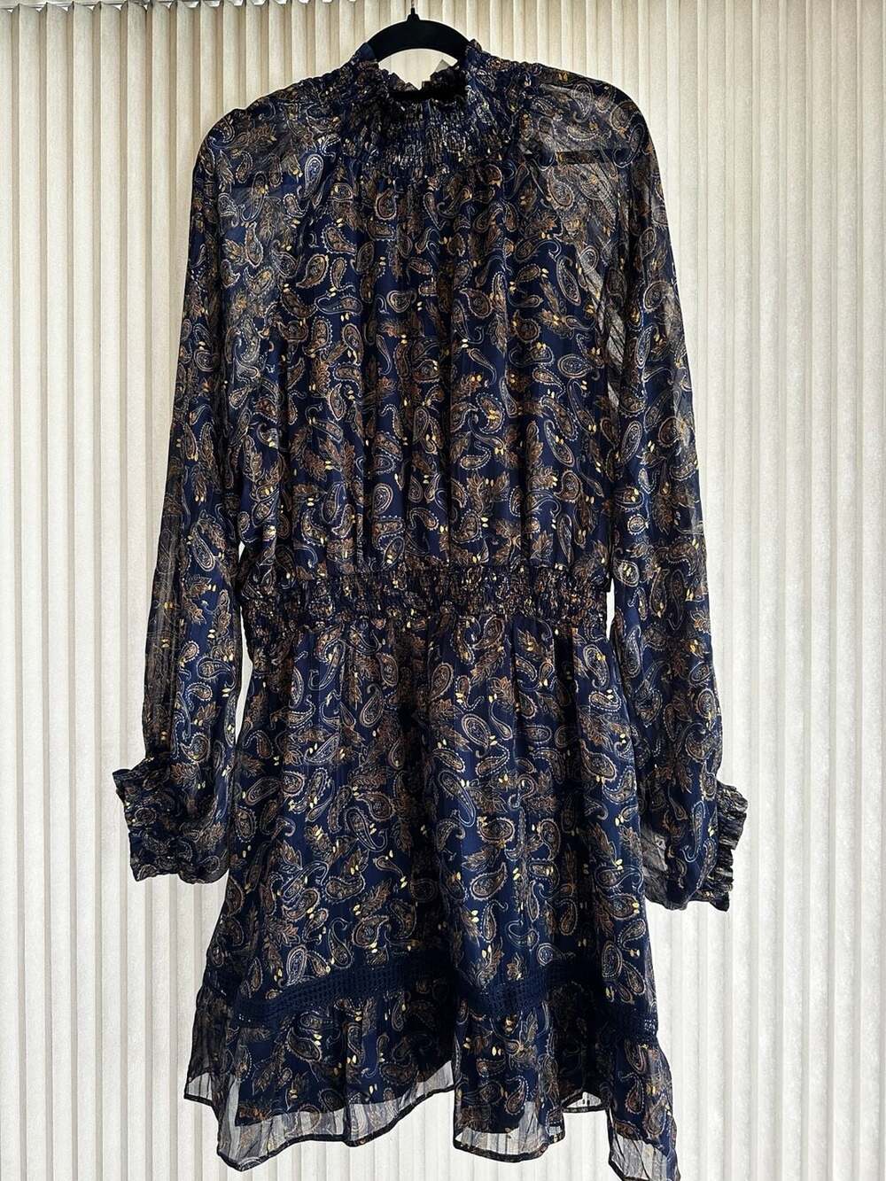 Lost + Wander Long Sleeve Paisley Metallic Mini Dress with Smocked Neck
